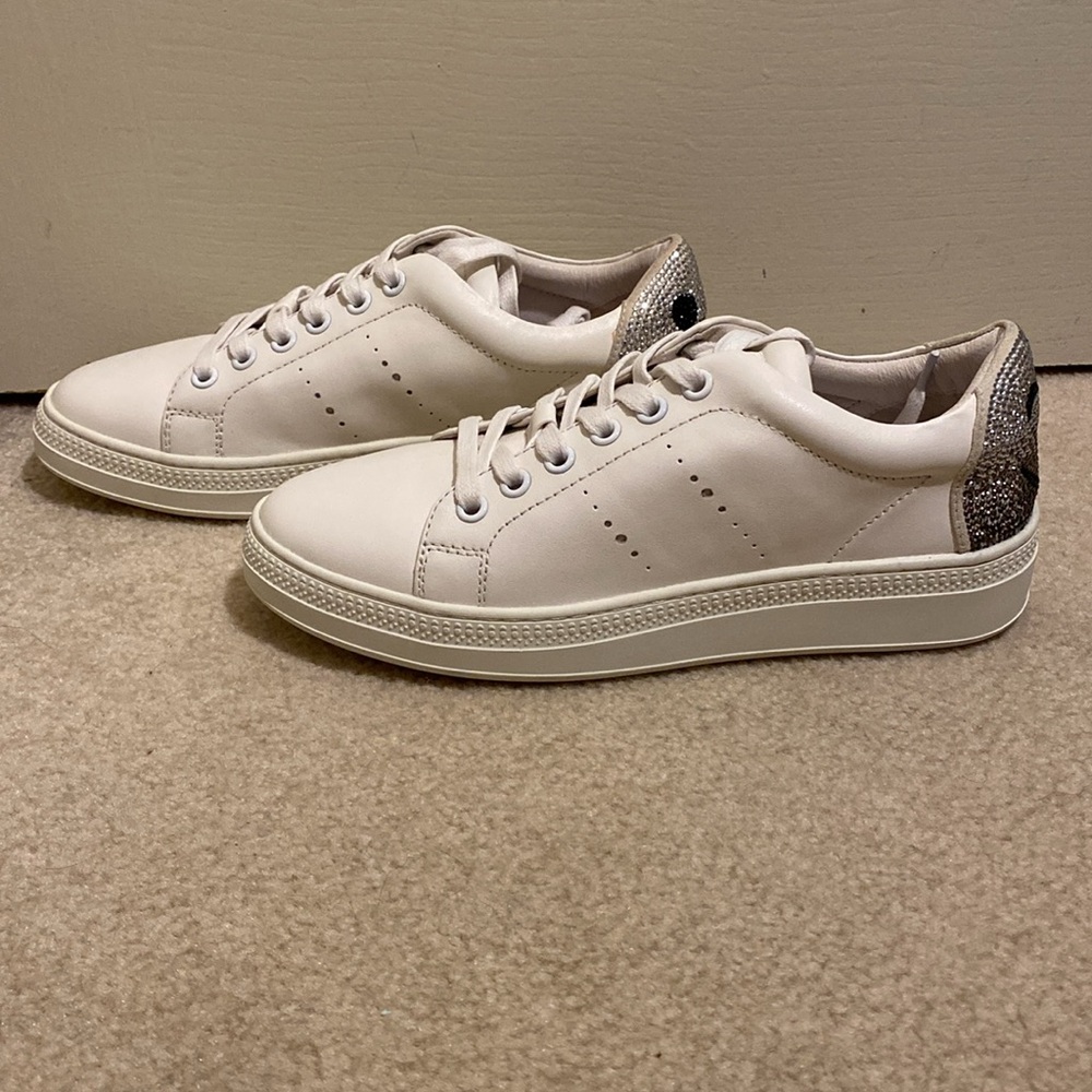 Lola Cruz White Leather Sneakers Silver Rhinestone Smile Wink Size 37 - Picture 5 of 14